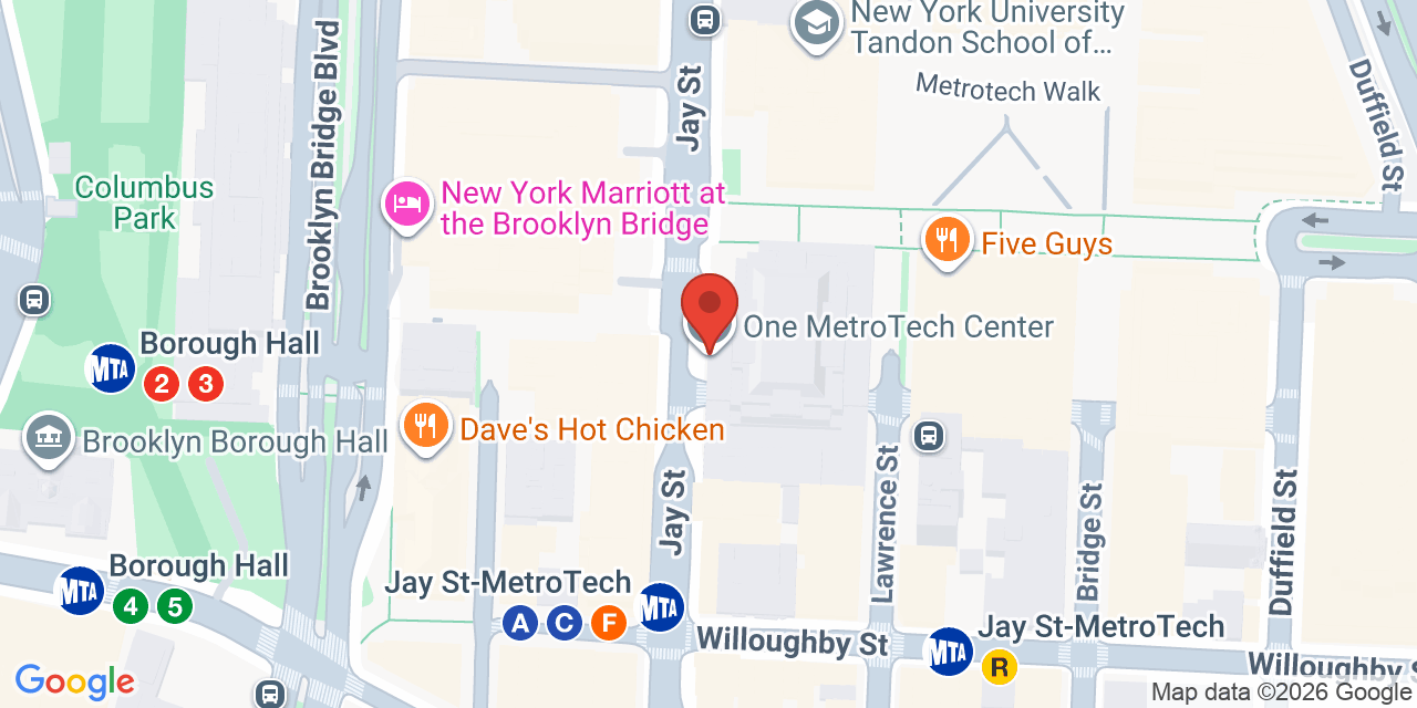 Map showing the location of 1 MetroTech Center, Brooklyn, NY 11201