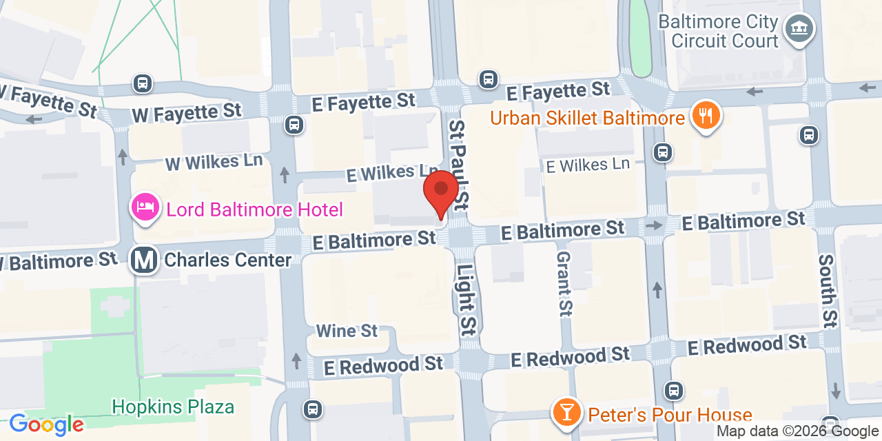 Map showing the location of 1 N Charles St, Baltimore, MD 21201