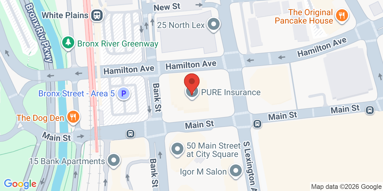 Map showing the location of 1 N Lexington Ave, White Plains, NY 10601