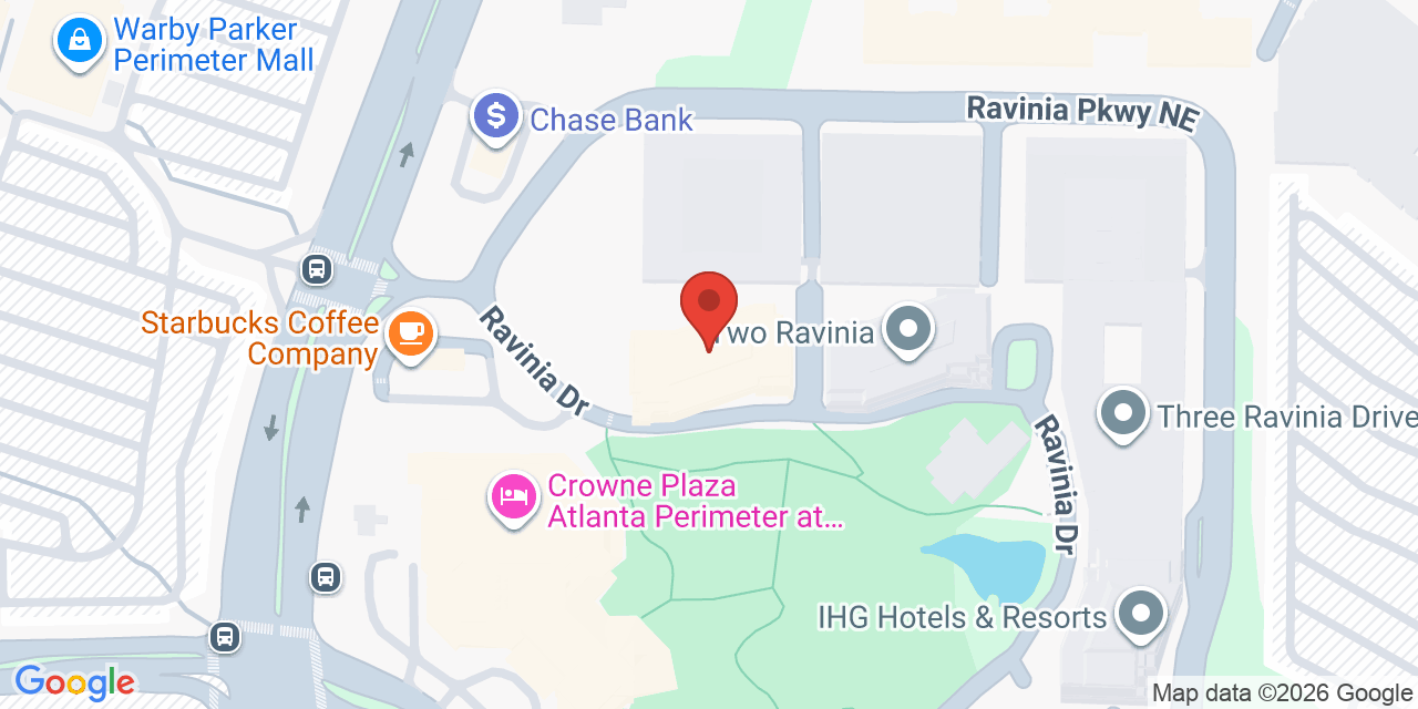 Map showing the location of 1 Ravinia Pkwy NE, Atlanta, GA 30346