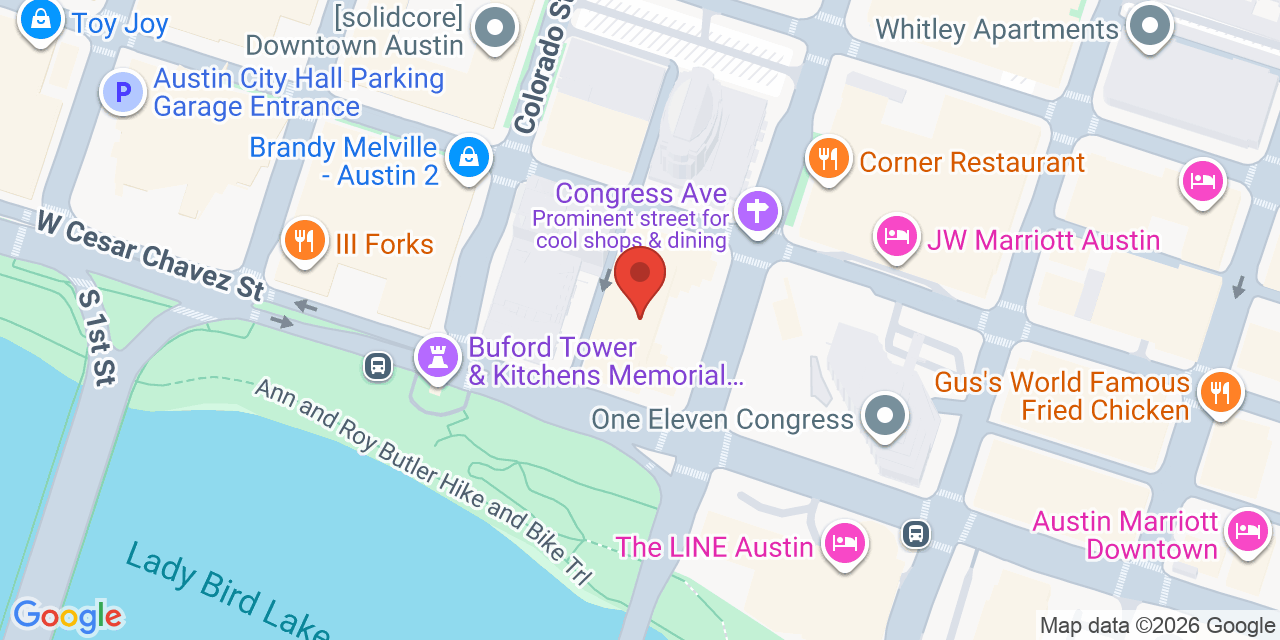 Map showing the location of 100 Congress Avenue, Austin, TX 78701