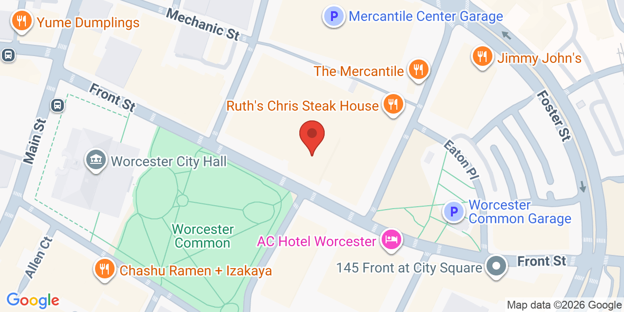 Map showing the location of 100 Front Street, Worcester, MA 01608