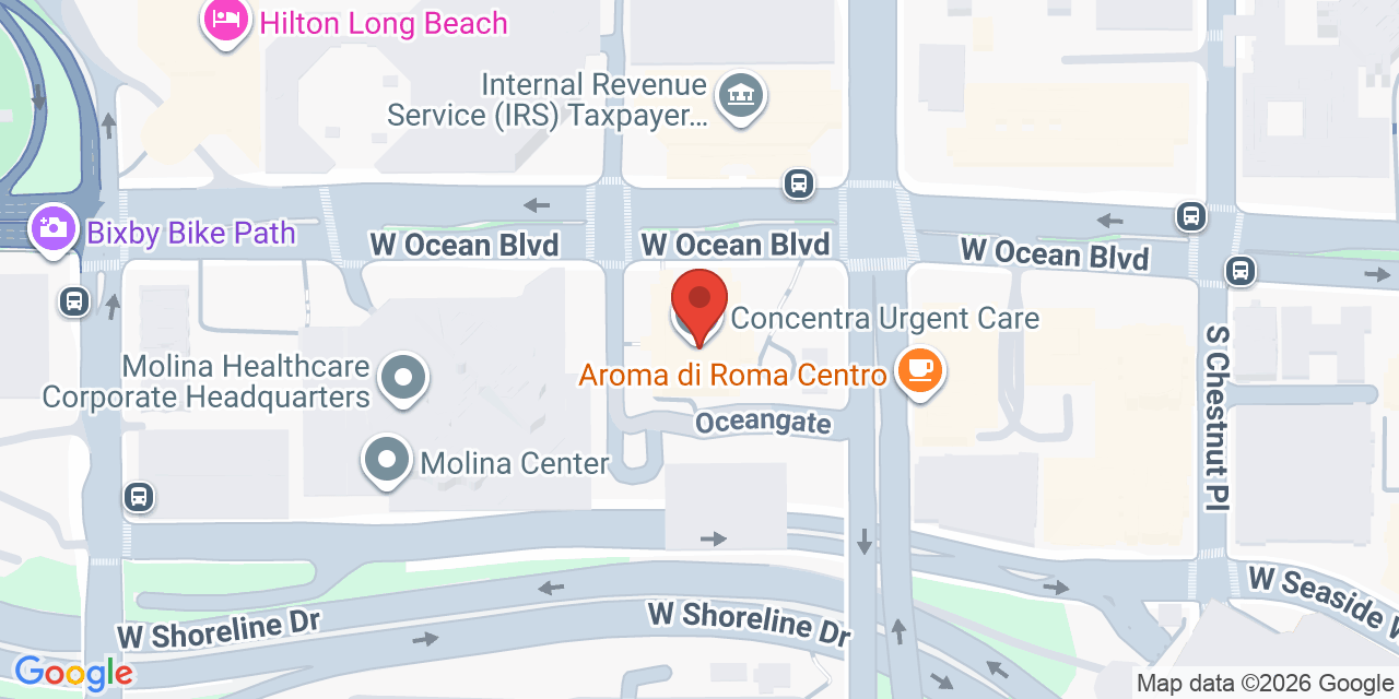 Map showing the location of 100 Oceangate, Long Beach, CA 90802