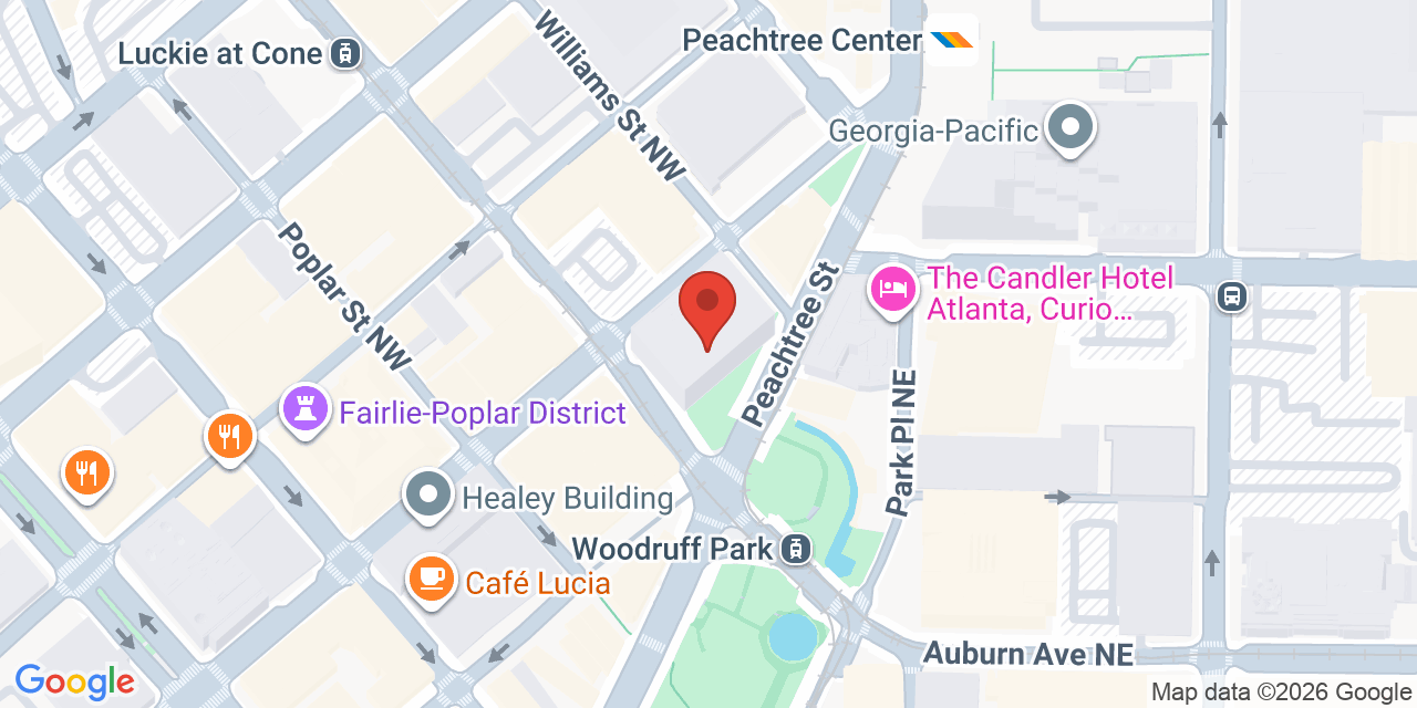 Map showing the location of 100 Peachtree Street Northwest, Atlanta, GA 30303