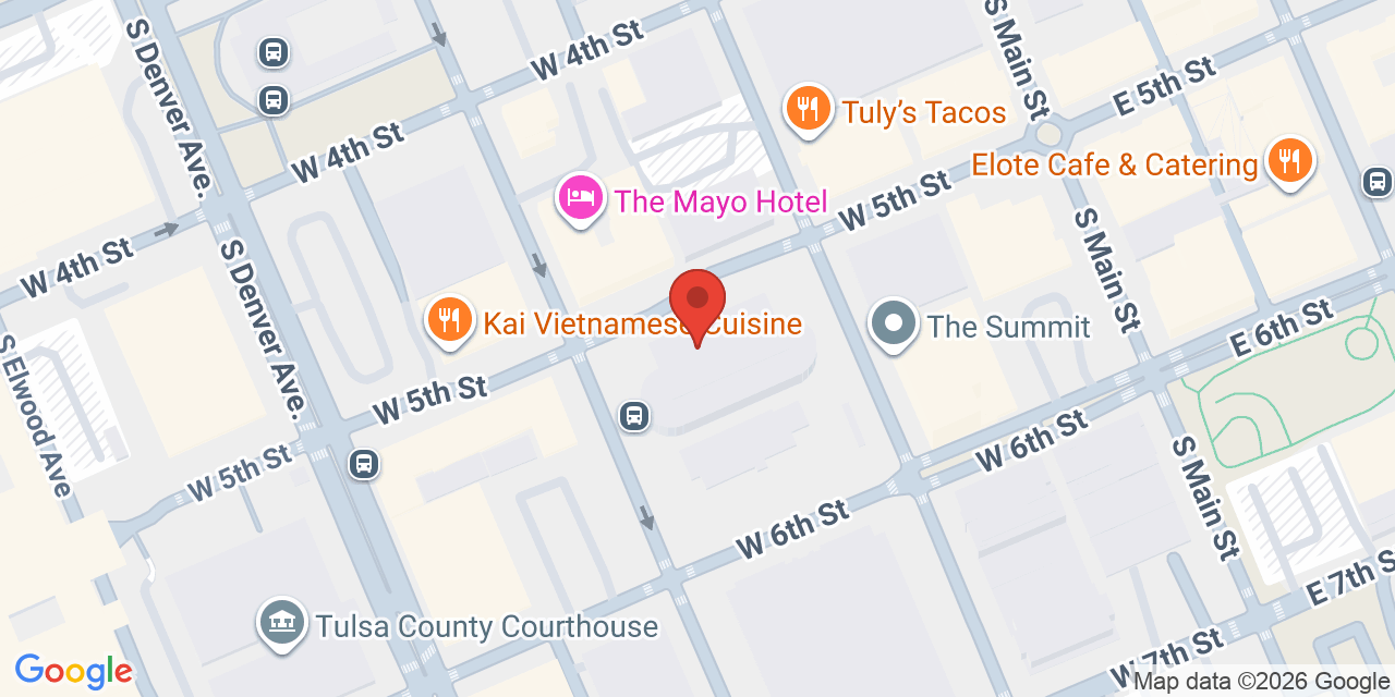 Map showing the location of 100 W 5th St, Tulsa, OK 74103