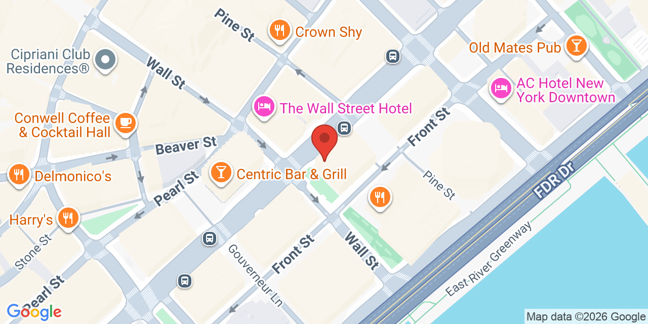 Map showing the location of 100 Wall Street, New York, NY 10005