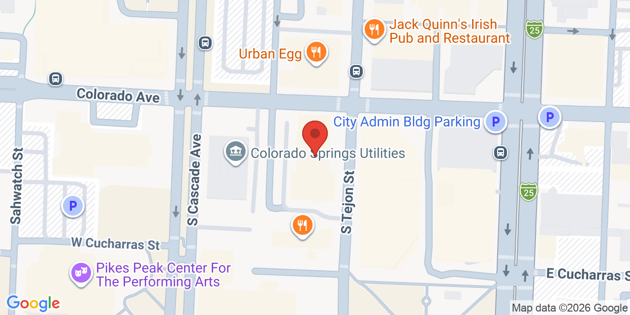Map showing the location of 102 S Tejon St, Colorado Springs, CO 80903