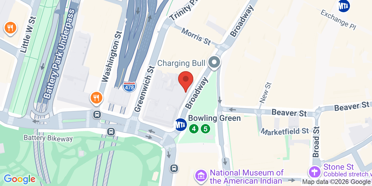 Map showing the location of 11 Broadway suite 615, New York, NY 10004