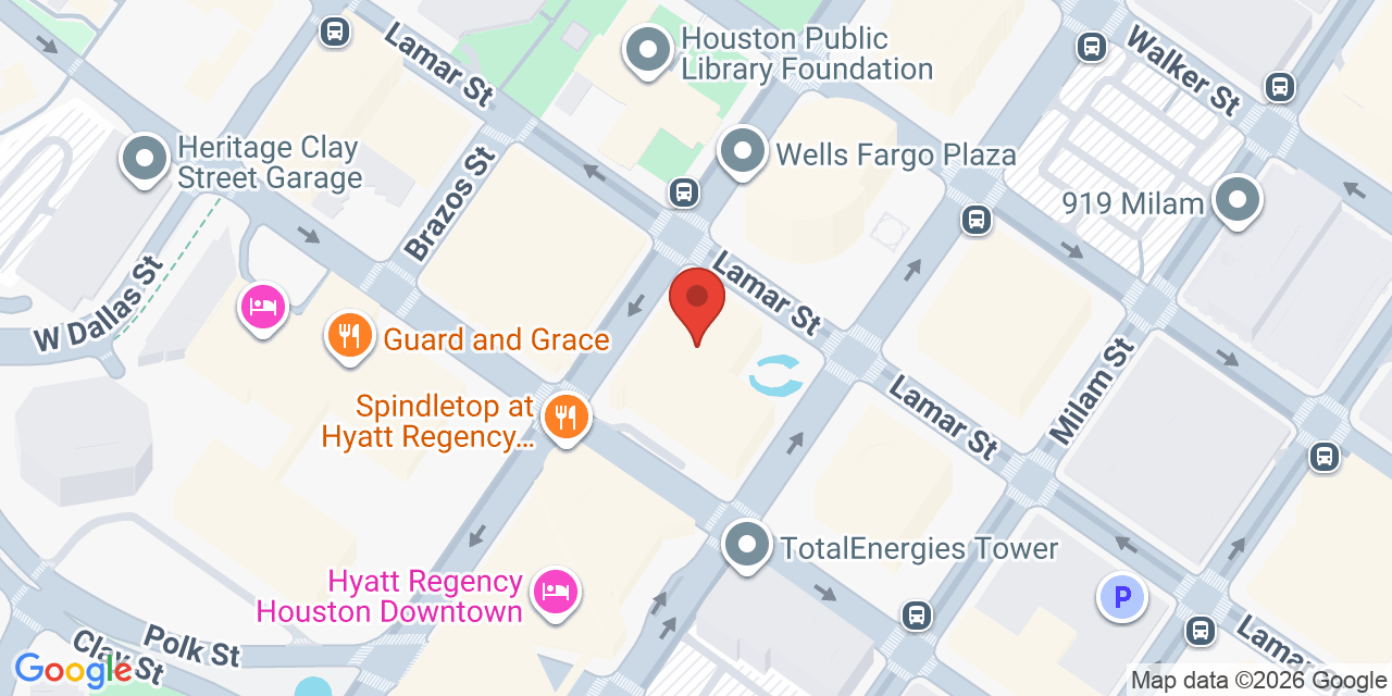 Map showing the location of 1100 Louisiana St, Houston, TX 77002