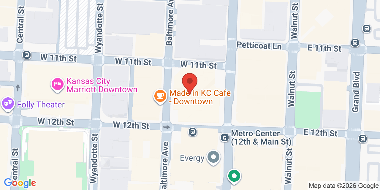 Map showing the location of 1100 Main St, Kansas City, MO 64105