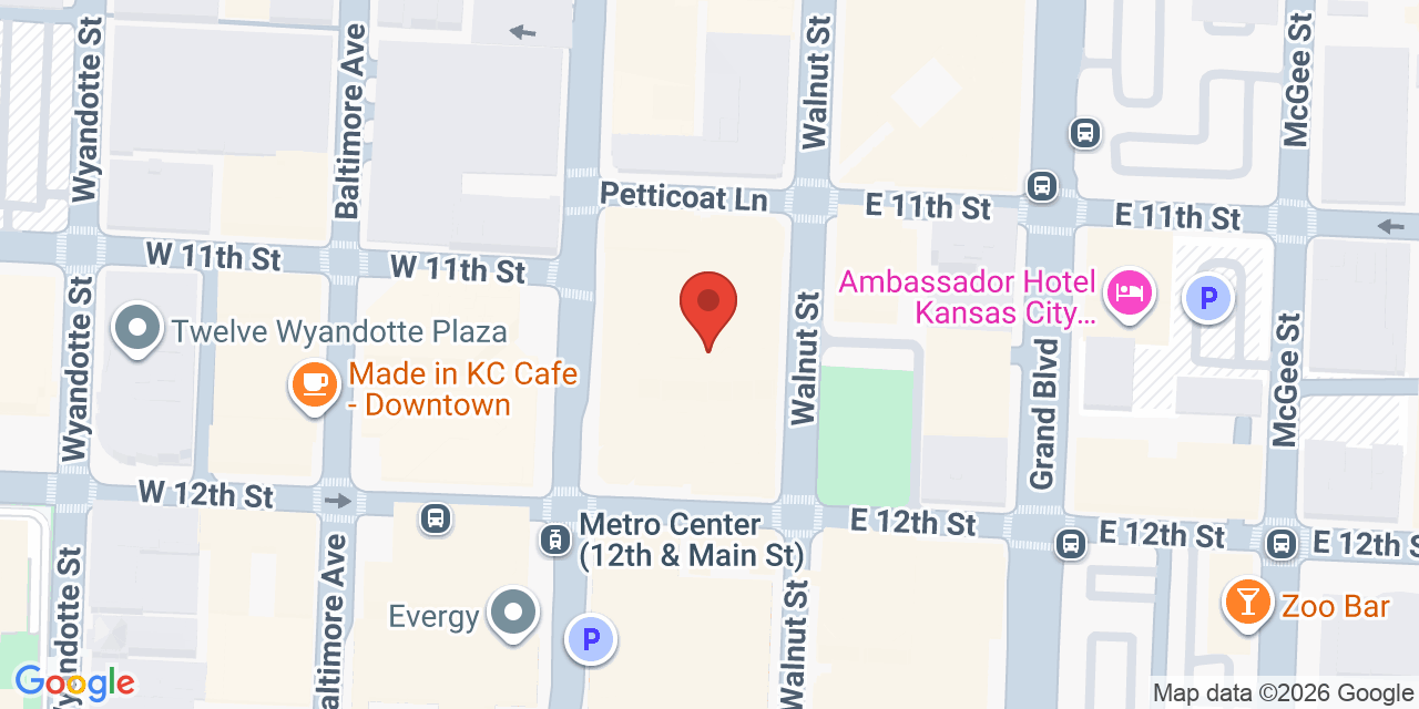 Map showing the location of 1100 Walnut St, Kansas City, MO 64106
