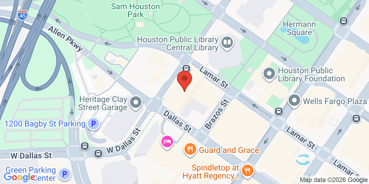 Map showing the location of 1111 Bagby St, Houston, TX 77002