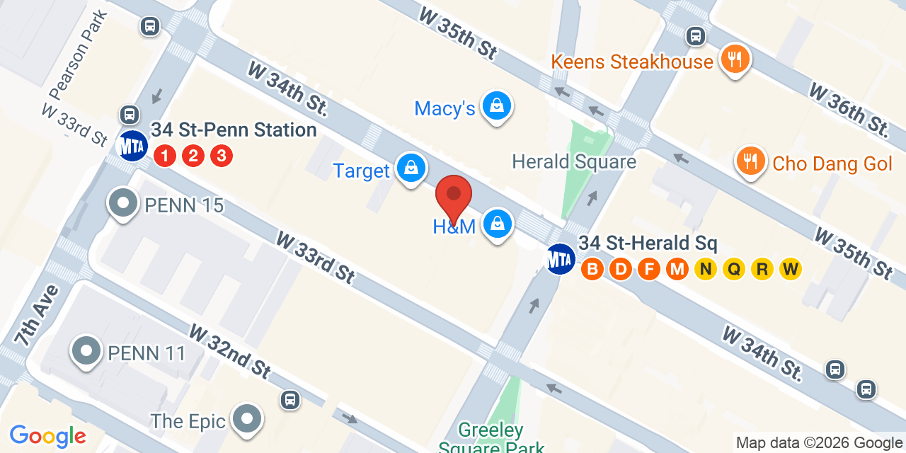 Map showing the location of 112 W 34th St., New York, NY 10120