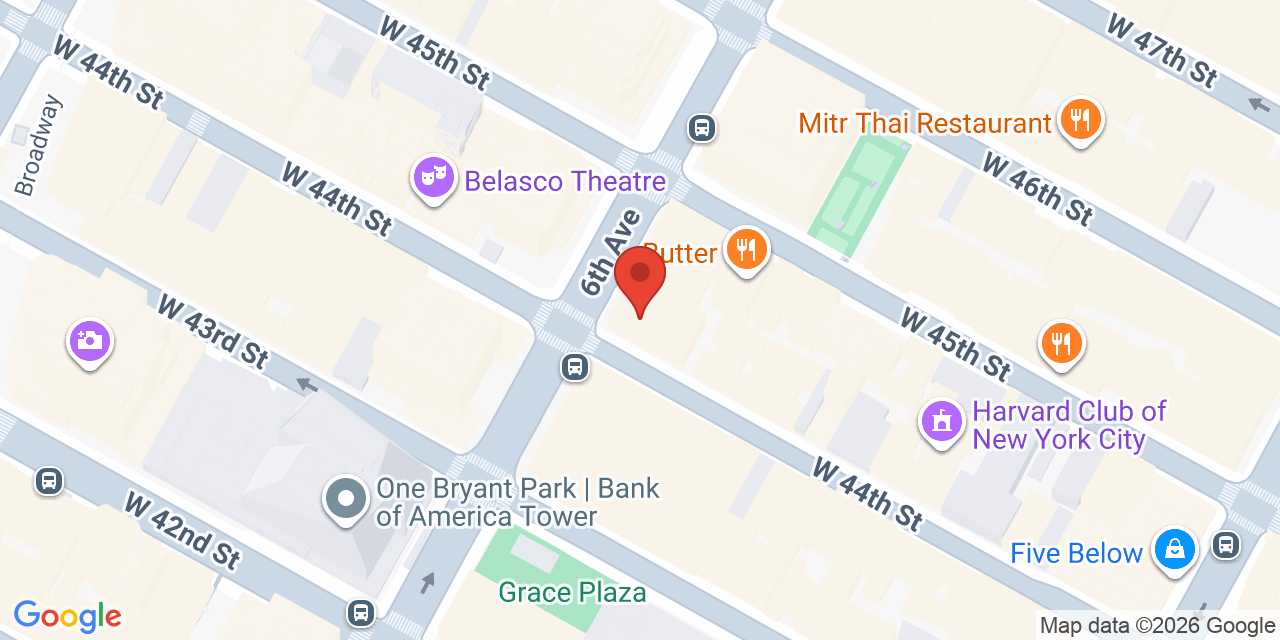 Map showing the location of 1140 Ave of the Americas 9th floor, New York, NY 10036