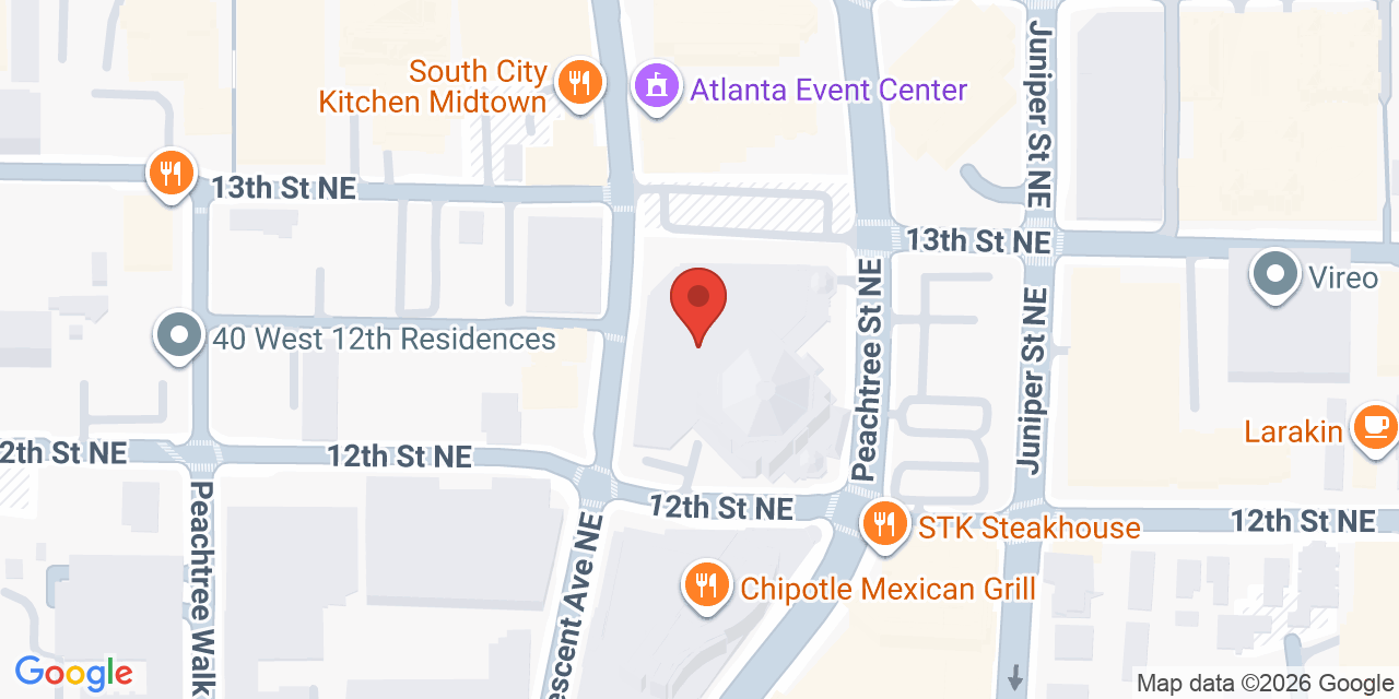 Map showing the location of 1170 Peachtree Street Northeast, Atlanta, GA 30309
