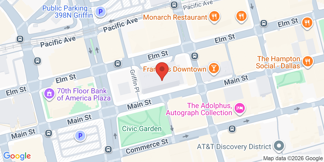 Map showing the location of 1201 Main St, Dallas, TX 75202