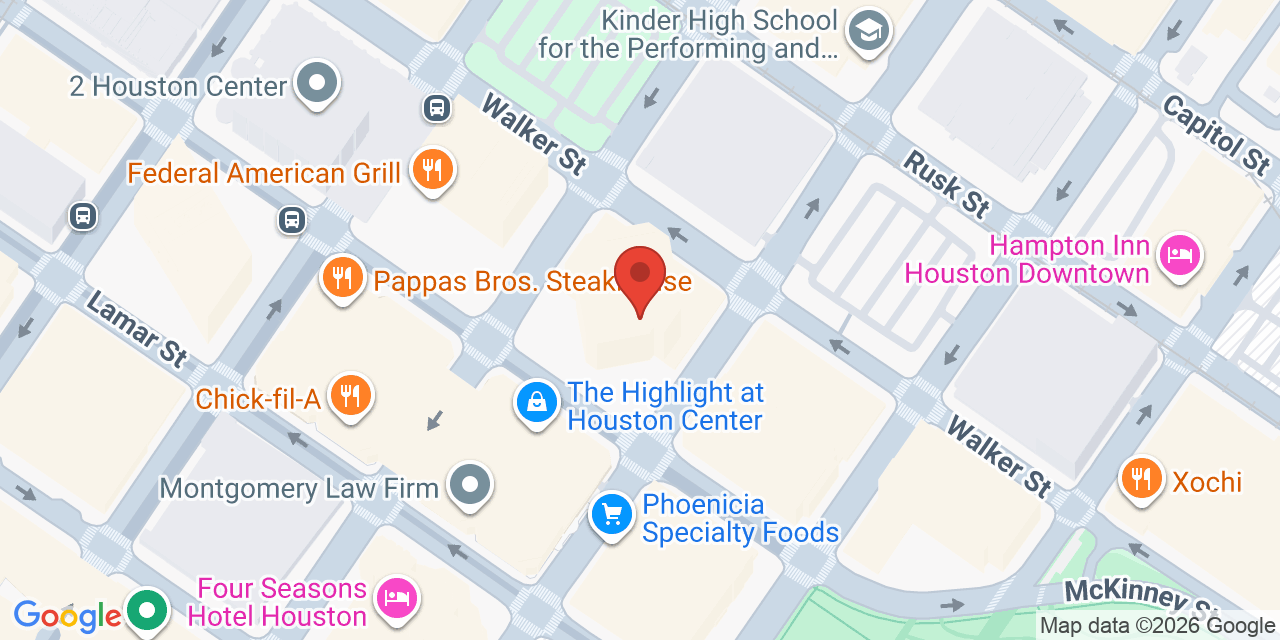 Map showing the location of 1301 McKinney St, Houston, TX 77010
