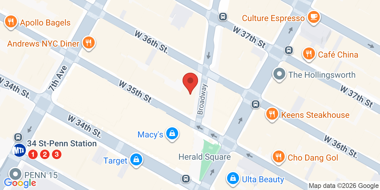 Map showing the location of 1333 Broadway, New York, NY 10018