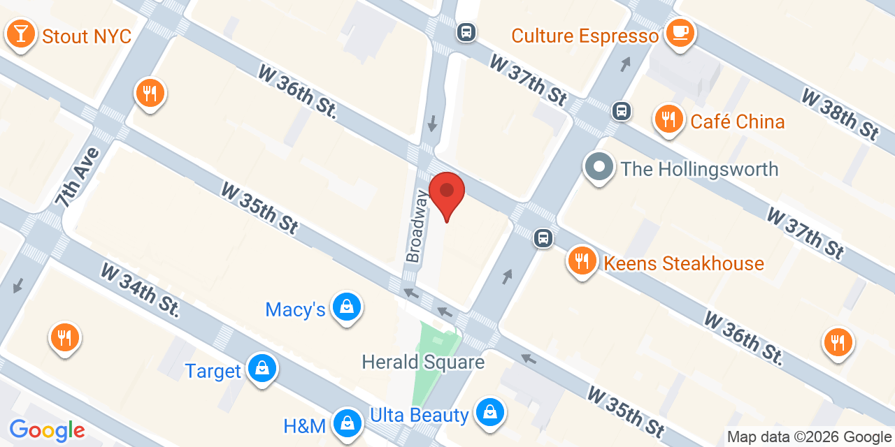 Map showing the location of 1350 Broadway, New York, NY 10018