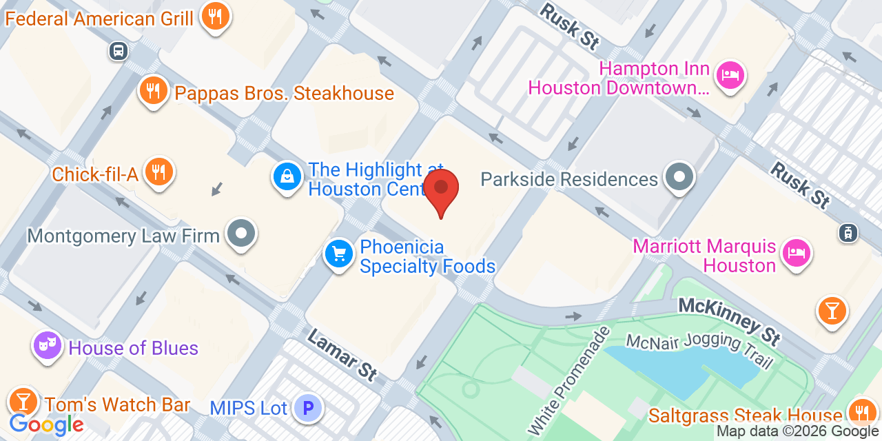 Map showing the location of 1401 McKinney St, Houston, TX 77010