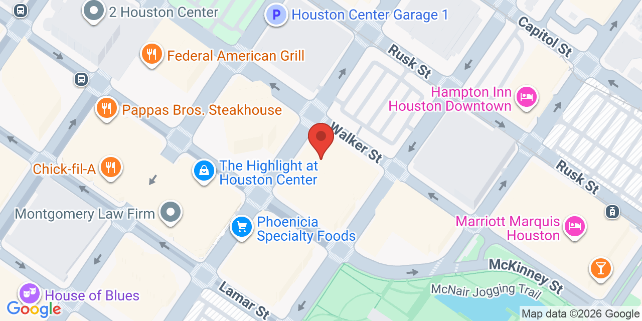 Map showing the location of 1401 McKinney Street, Houston, TX 77010
