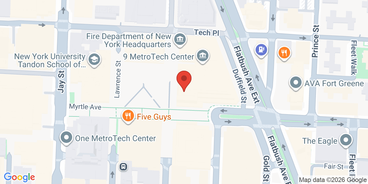 Map showing the location of 15 MetroTech Center, Brooklyn, NY 11201