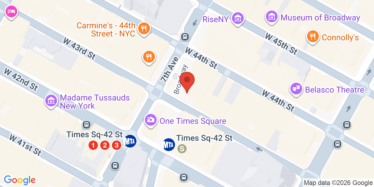 Map showing the location of 1500 Broadway, New York, NY 10036