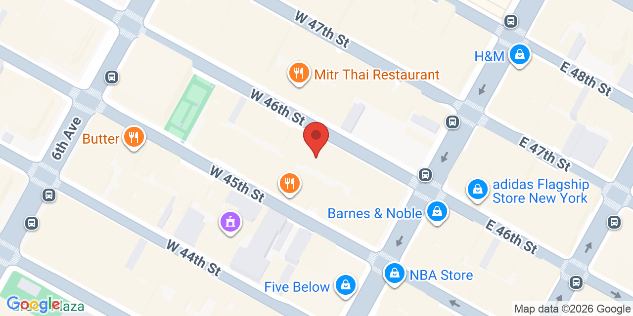 Map showing the location of 16 W 46th St, New York, NY 10036