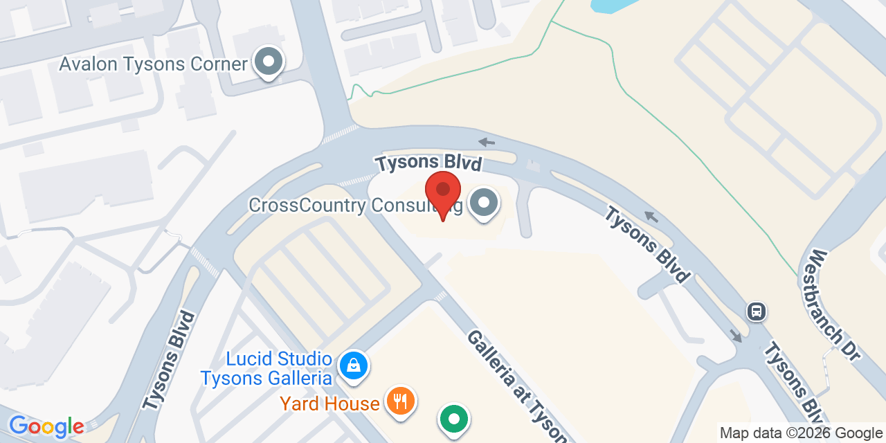 Map showing the location of 1600 Tysons Blvd, McLean, VA 22102