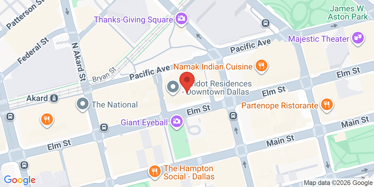Map showing the location of 1601 Elm St, Dallas, TX 75201