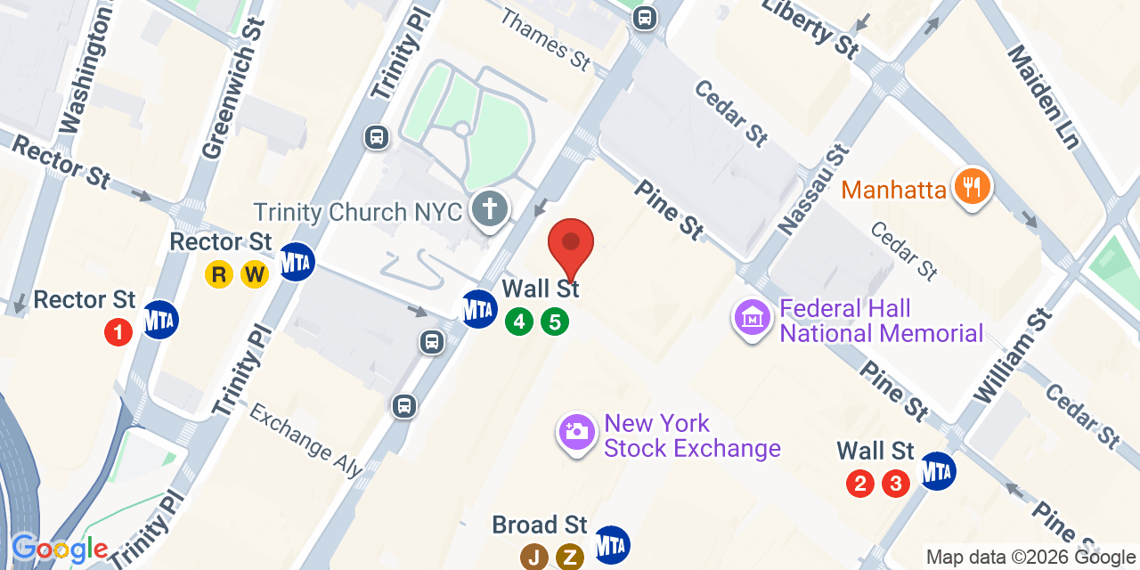 Map showing the location of 2 Wall St, New York, NY 10005