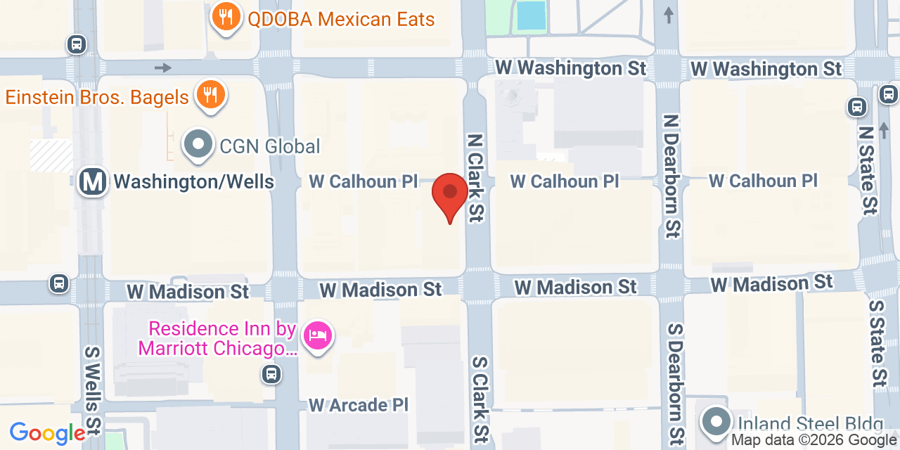 Map showing the location of 20 N Clark St Suite 3300, Chicago, IL 60602