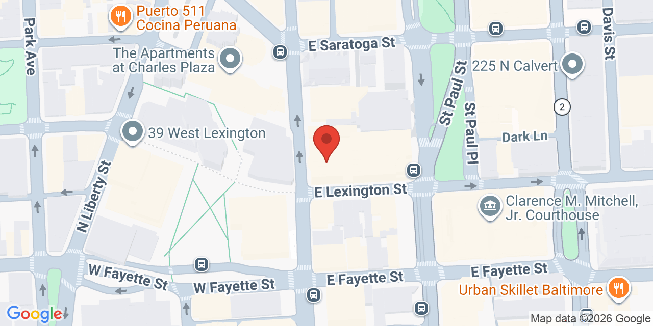 Map showing the location of 201 N Charles St, Baltimore, MD 21201