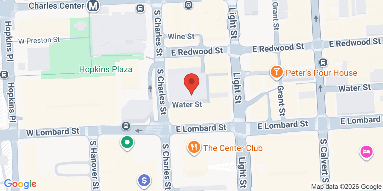 Map showing the location of 25 S Charles St, Baltimore, MD 21201