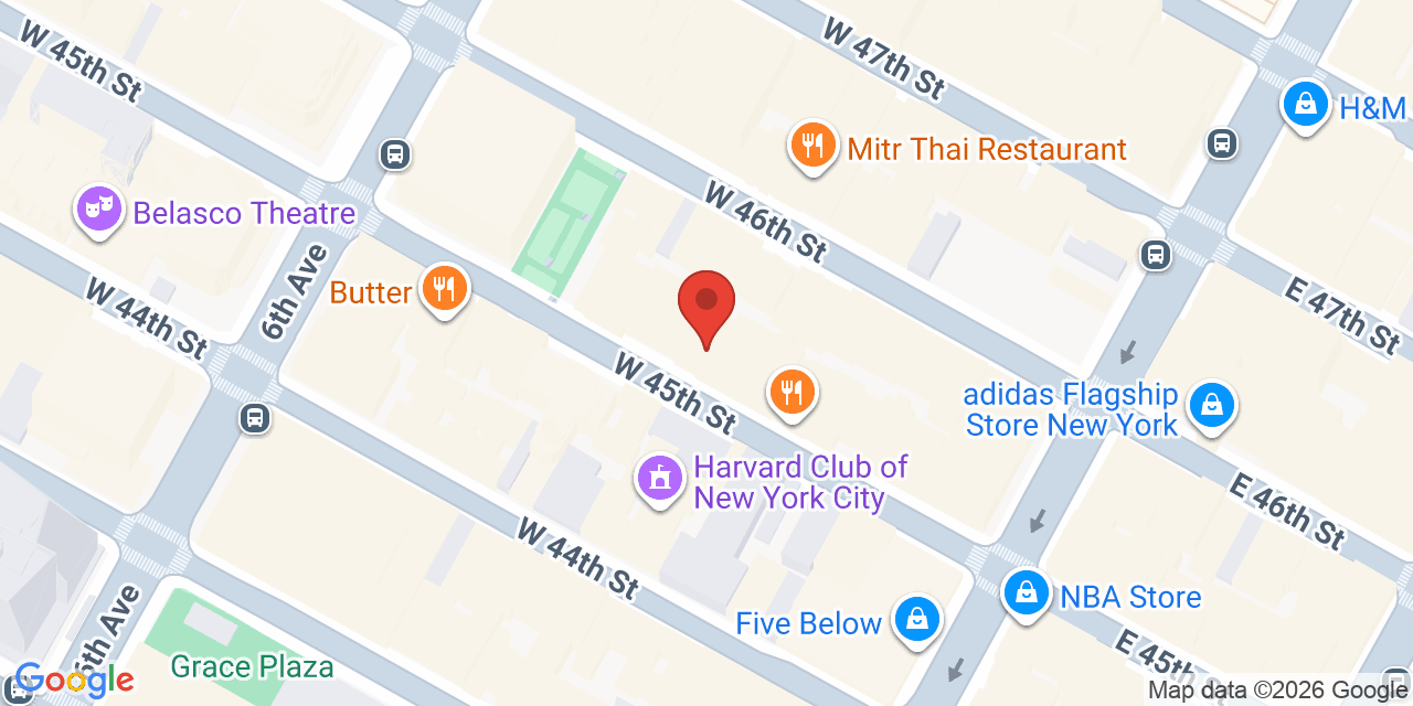 Map showing the location of 25 W 45th St, New York, NY 10036