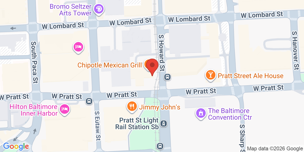 Map showing the location of 250 W Pratt St, Baltimore, MD 21201