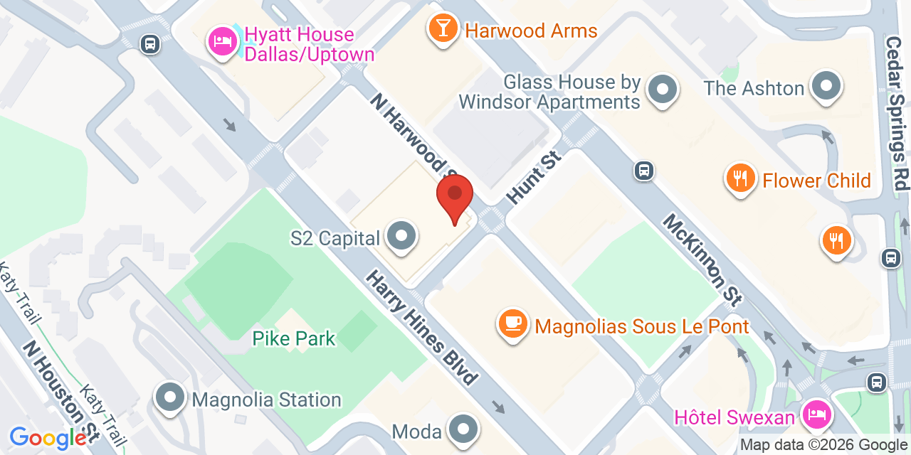 Map showing the location of 2801 N Harwood St, Dallas, TX 75201