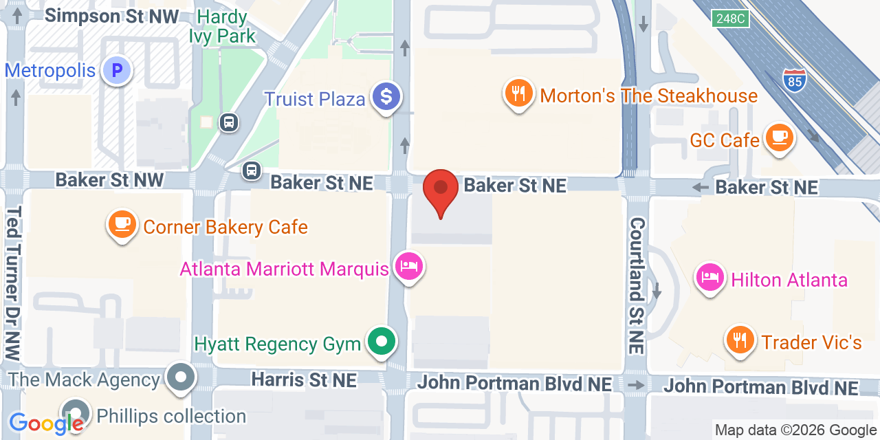 Map showing the location of 285 Peachtree Center Ave NE, Atlanta, GA 30303
