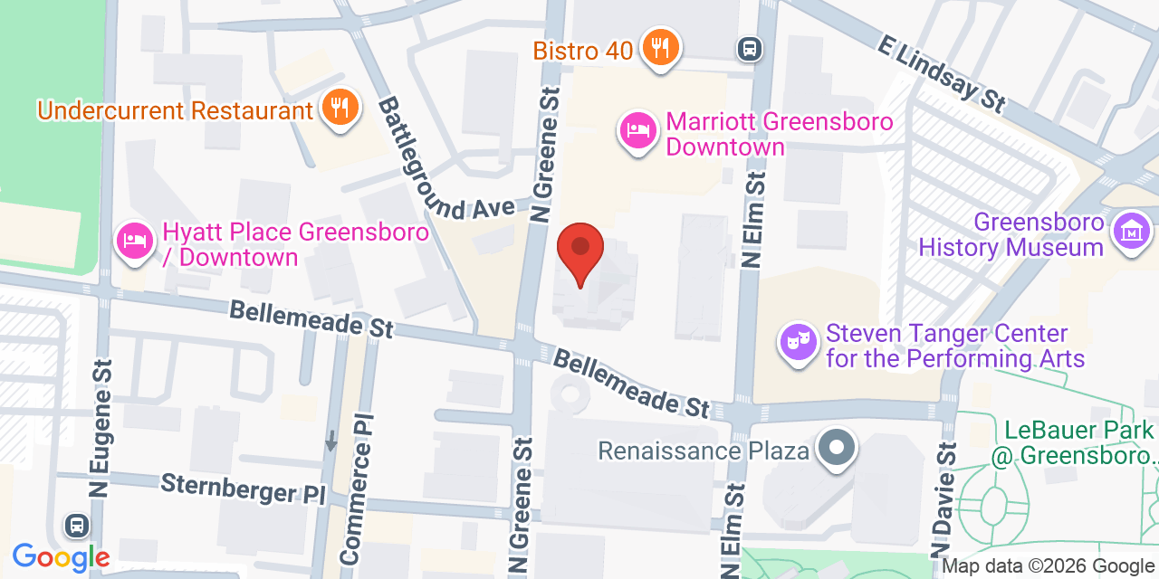 Map showing the location of 300 N Greene St, Greensboro, NC 27401
