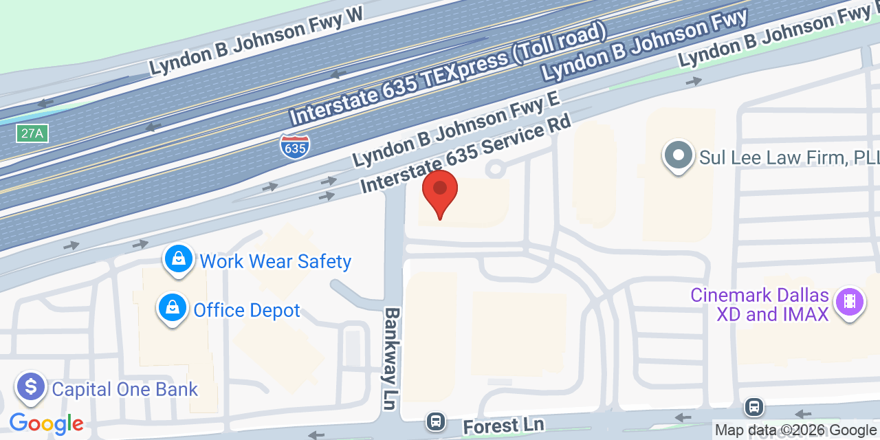 Map showing the location of 3010 Lyndon B Johnson Fwy #1200, Dallas, TX 75234