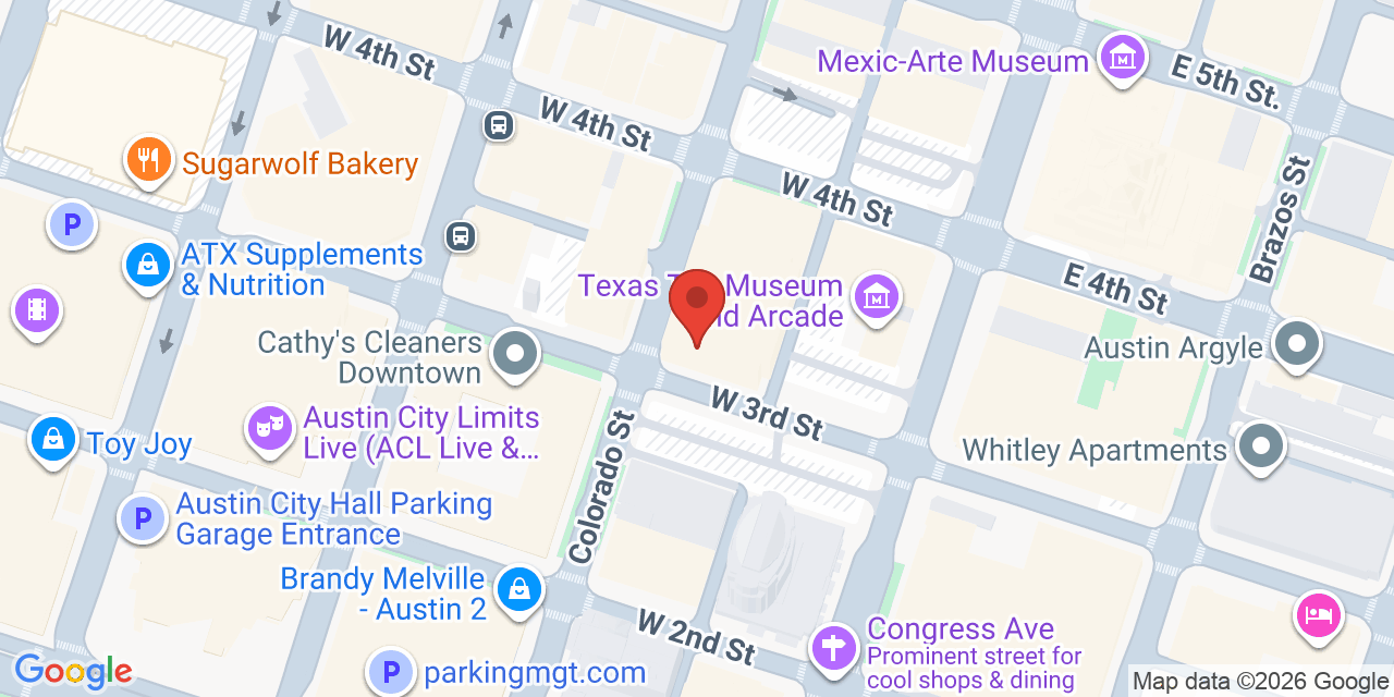 Map showing the location of 303 Colorado St, Austin, TX 78701