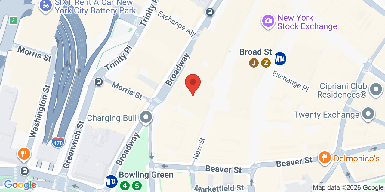 Map showing the location of 42 Broadway, New York, NY 10004