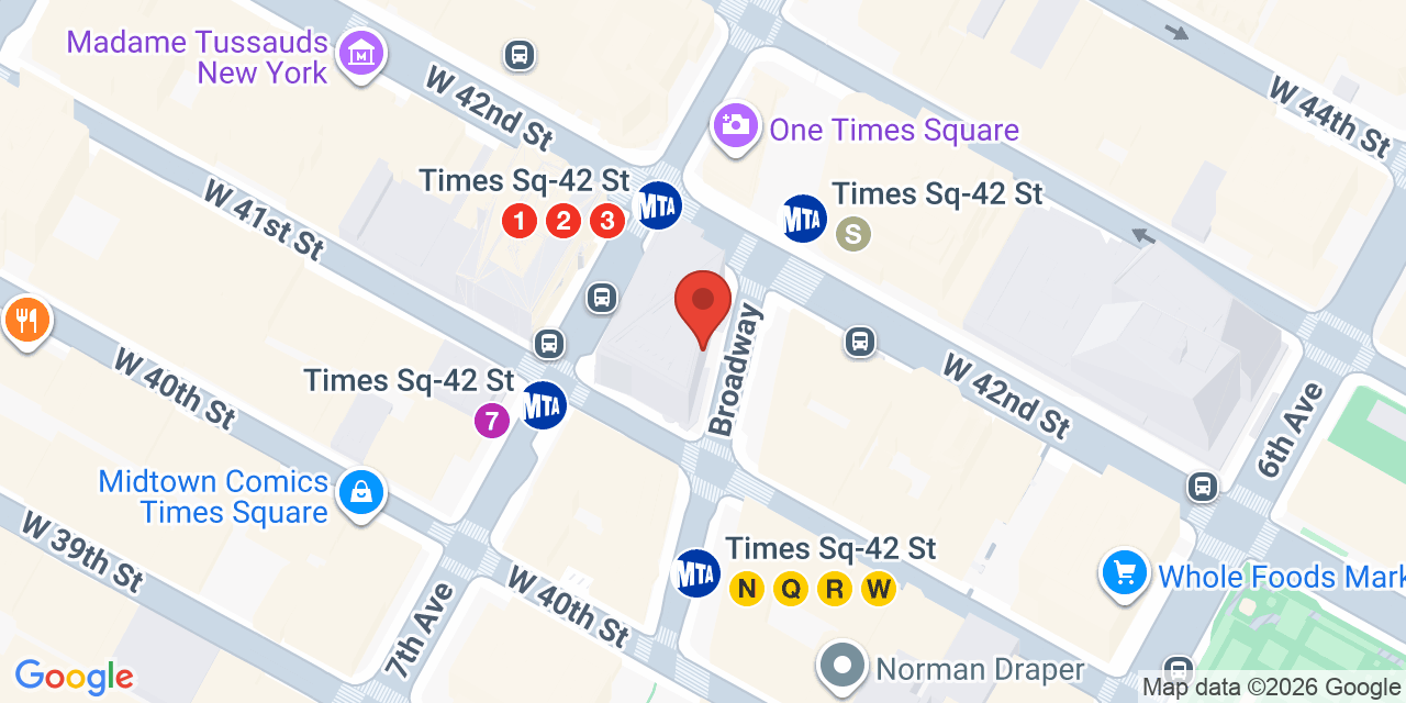 Map showing the location of 7 Times Sq, New York, NY 10036