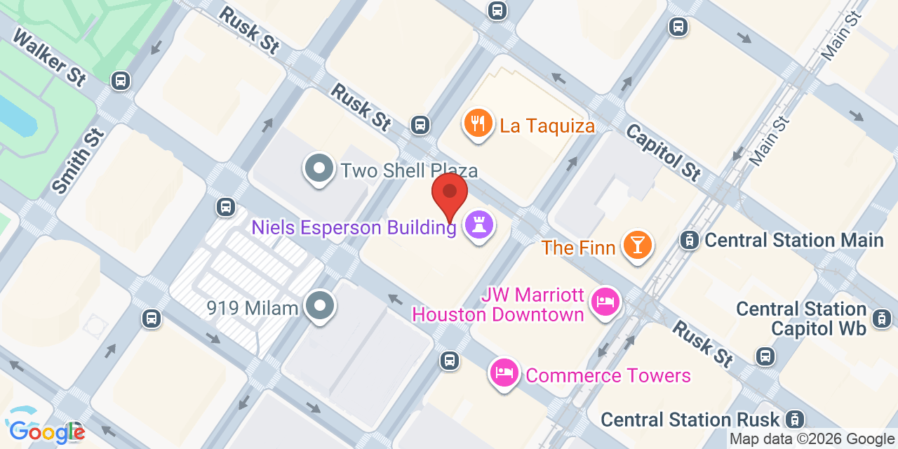Map showing the location of 808 Travis St, Houston, TX 77002