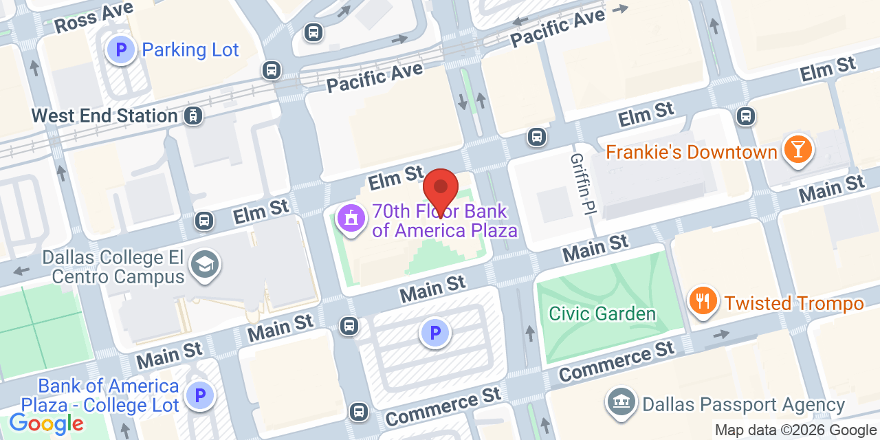 Map showing the location of 901 Main St, Dallas, TX 75202