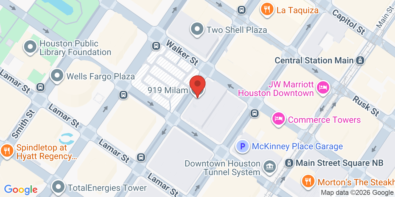 Map showing the location of 919 Milam St, Houston, TX 77002